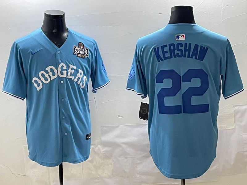 Men Los Angeles Dodgers 22 Kershaw Light Blue Joint Name 2025 Nike MLB Jersey style 17